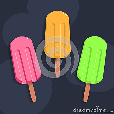 Three ice creams, colorful popsicles Vector Illustration